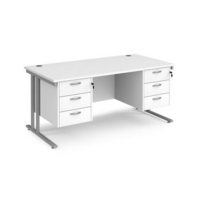 Maestro 25 straight desk 1600mm x 800mm with two x 3 drawer pedestals - silver cantilever leg frame and white top