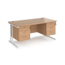 Maestro 25 straight desk 1600mm x 800mm with two x 3 drawer pedestals - white cantilever leg frame and beech top