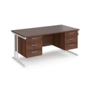 Maestro 25 straight desk 1600mm x 800mm with two x 3 drawer pedestals - white cantilever leg frame and walnut top