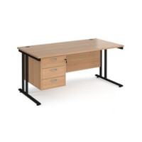 Maestro 25 straight desk 1600mm x 800mm with 3 drawer pedestal - black cantilever leg frame and beech top
