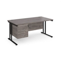 Maestro 25 straight desk 1600mm x 800mm with 3 drawer pedestal - black cantilever leg frame and grey oak top