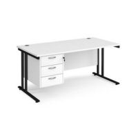 Maestro 25 straight desk 1600mm x 800mm with 3 drawer pedestal - black cantilever leg frame and white top