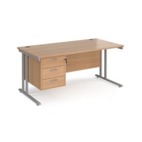 Maestro 25 straight desk 1600mm x 800mm with 3 drawer pedestal - silver cantilever leg frame and beech top