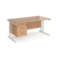 Maestro 25 straight desk 1600mm x 800mm with 3 drawer pedestal - white cantilever leg frame and beech top