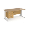 Maestro 25 straight desk 1600mm x 800mm with 3 drawer pedestal - white cantilever leg frame and oak top