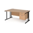 Maestro 25 left hand wave desk 1600mm wide with 2 drawer pedestal - black cantilever leg frame and beech top