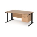 Maestro 25 left hand wave desk 1600mm wide with 2 drawer pedestal - black cantilever leg frame and beech top