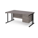 Maestro 25 left hand wave desk 1600mm wide with 2 drawer pedestal - black cantilever leg frame and grey oak top