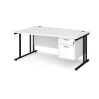 Maestro 25 left hand wave desk 1600mm wide with 2 drawer pedestal - black cantilever leg frame and white top