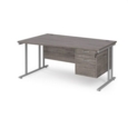 Maestro 25 left hand wave desk 1600mm wide with 2 drawer pedestal - silver cantilever leg frame and grey oak top