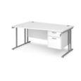 Maestro 25 left hand wave desk 1600mm wide with 2 drawer pedestal - silver cantilever leg frame and white top