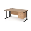 Maestro 25 left hand wave desk 1600mm wide with 3 drawer pedestal - black cantilever leg frame and beech top
