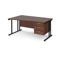 Maestro 25 left hand wave desk 1600mm wide with 3 drawer pedestal - black cantilever leg frame and walnut top