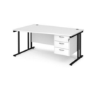 Maestro 25 left hand wave desk 1600mm wide with 3 drawer pedestal - black cantilever leg frame and white top