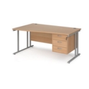 Maestro 25 left hand wave desk 1600mm wide with 3 drawer pedestal - silver cantilever leg frame and beech top
