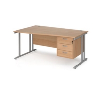 Maestro 25 left hand wave desk 1600mm wide with 3 drawer pedestal - silver cantilever leg frame and beech top