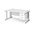 Maestro 25 left hand wave desk 1600mm wide with 3 drawer pedestal - silver cantilever leg frame and white top