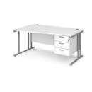 Maestro 25 left hand wave desk 1600mm wide with 3 drawer pedestal - silver cantilever leg frame and white top