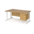 Maestro 25 left hand wave desk 1600mm wide with 3 drawer pedestal - white cantilever leg frame and oak top