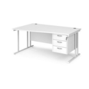 Maestro 25 left hand wave desk 1600mm wide with 3 drawer pedestal - white cantilever leg frame and white top