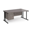 Maestro 25 right hand wave desk 1600mm wide with 2 drawer pedestal - black cantilever leg frame and grey oak top