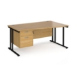 Maestro 25 right hand wave desk 1600mm wide with 2 drawer pedestal - black cantilever leg frame and oak top