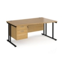 Maestro 25 right hand wave desk 1600mm wide with 2 drawer pedestal - black cantilever leg frame and oak top