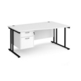 Maestro 25 right hand wave desk 1600mm wide with 2 drawer pedestal - black cantilever leg frame and white top