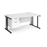 Maestro 25 right hand wave desk 1600mm wide with 2 drawer pedestal - black cantilever leg frame and white top