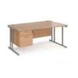 Maestro 25 right hand wave desk 1600mm wide with 2 drawer pedestal - silver cantilever leg frame and beech top