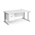 Maestro 25 right hand wave desk 1600mm wide with 2 drawer pedestal - silver cantilever leg frame and white top
