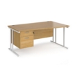 Maestro 25 right hand wave desk 1600mm wide with 2 drawer pedestal - white cantilever leg frame and oak top