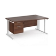 Maestro 25 right hand wave desk 1600mm wide with 2 drawer pedestal - white cantilever leg frame and walnut top