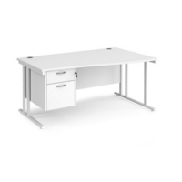 Maestro 25 right hand wave desk 1600mm wide with 2 drawer pedestal - white cantilever leg frame and white top