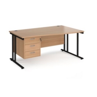 Maestro 25 right hand wave desk 1600mm wide with 3 drawer pedestal - black cantilever leg frame and beech top
