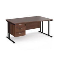 Maestro 25 right hand wave desk 1600mm wide with 3 drawer pedestal - black cantilever leg frame and walnut top