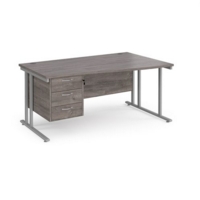 Maestro 25 right hand wave desk 1600mm wide with 3 drawer pedestal - silver cantilever leg frame and grey oak top