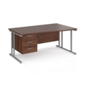 Maestro 25 right hand wave desk 1600mm wide with 3 drawer pedestal - silver cantilever leg frame and walnut top
