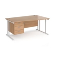 Maestro 25 right hand wave desk 1600mm wide with 3 drawer pedestal - white cantilever leg frame and beech top