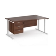 Maestro 25 right hand wave desk 1600mm wide with 3 drawer pedestal - white cantilever leg frame and walnut top