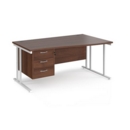 Maestro 25 right hand wave desk 1600mm wide with 3 drawer pedestal - white cantilever leg frame and walnut top