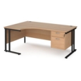 Maestro 25 left hand ergonomic desk 1800mm wide with 2 drawer pedestal - black cantilever leg frame and beech top