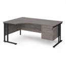 Maestro 25 left hand ergonomic desk 1800mm wide with 2 drawer pedestal - black cantilever leg frame and grey oak top