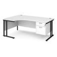 Maestro 25 left hand ergonomic desk 1800mm wide with 2 drawer pedestal - black cantilever leg frame and white top