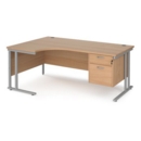 Maestro 25 left hand ergonomic desk 1800mm wide with 2 drawer pedestal - silver cantilever leg frame and beech top