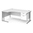 Maestro 25 left hand ergonomic desk 1800mm wide with 2 drawer pedestal - silver cantilever leg frame and white top