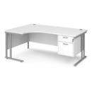 Maestro 25 left hand ergonomic desk 1800mm wide with 2 drawer pedestal - silver cantilever leg frame and white top
