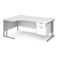 Maestro 25 left hand ergonomic desk 1800mm wide with 2 drawer pedestal - silver cantilever leg frame and white top