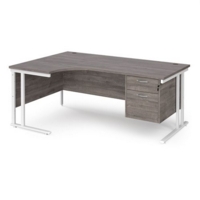 Maestro 25 left hand ergonomic desk 1800mm wide with 2 drawer pedestal - white cantilever leg frame and grey oak top