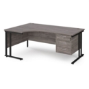 Maestro 25 left hand ergonomic desk 1800mm wide with 3 drawer pedestal - black cantilever leg frame and grey oak top